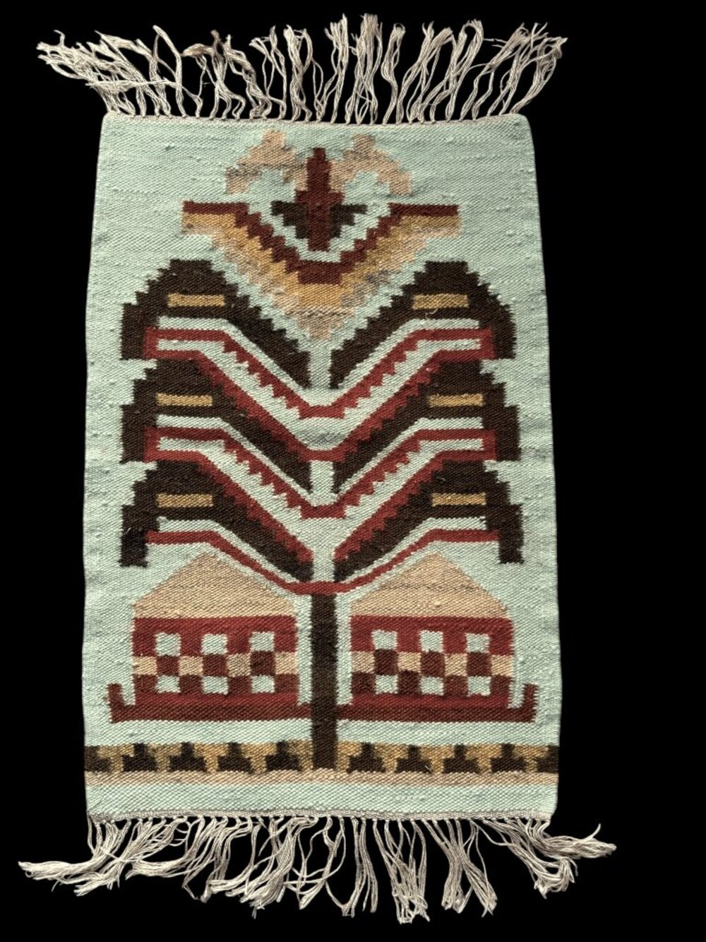 Vintage Polish Woven Wool Fringed Kilim Wall Hanging or Rug Poland